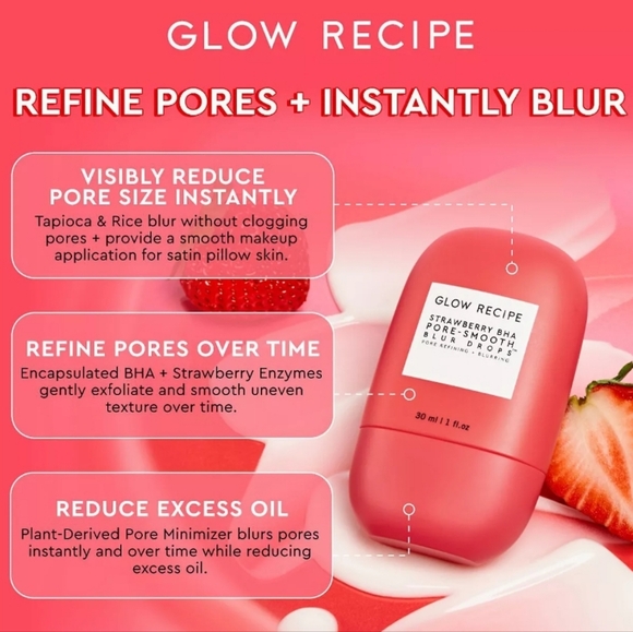 Glow Recipe Strawberry BHA Pore-Smooth Blur Drops Serum, 30ml, NIB - Picture 4 of 9